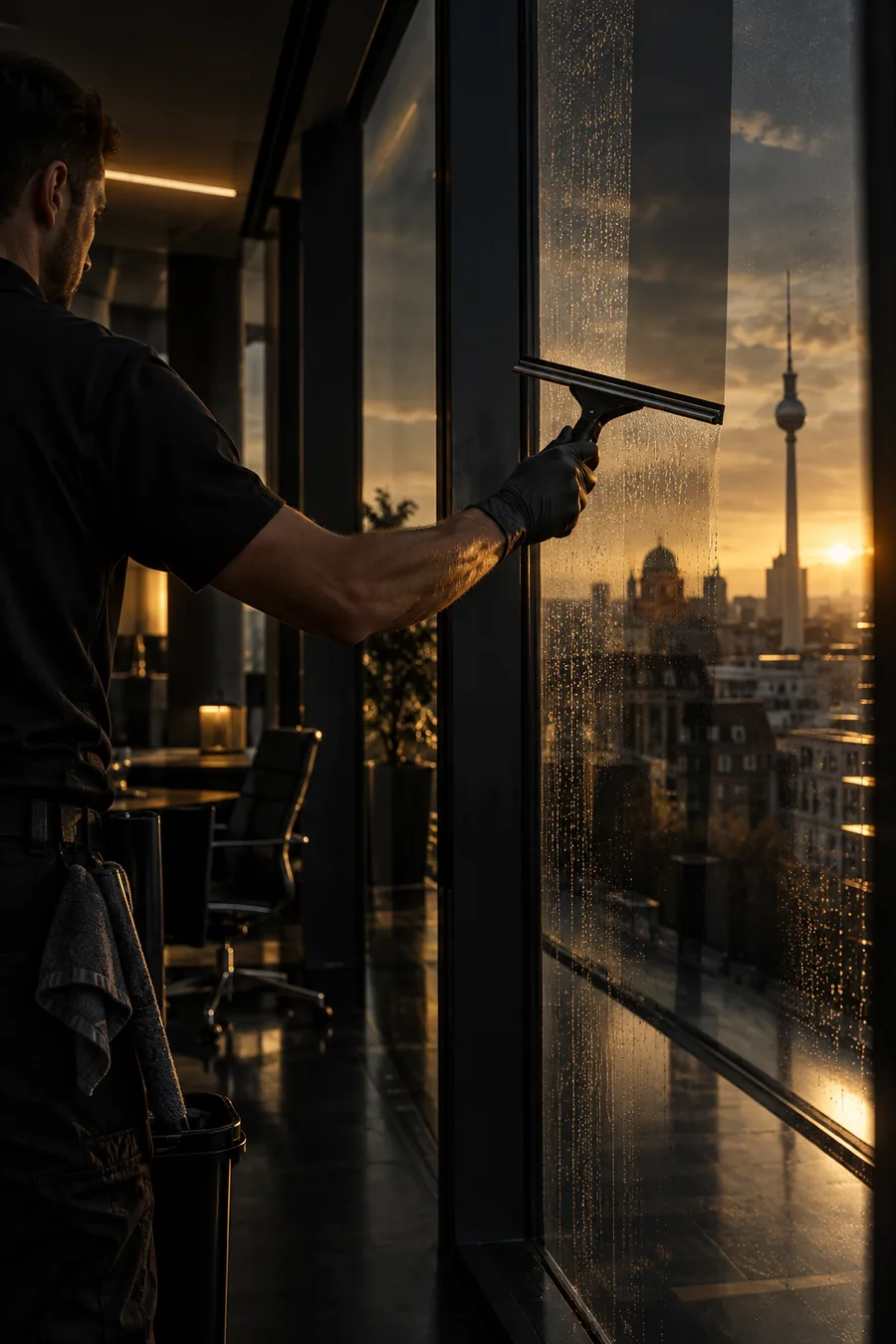 Professionelle Reinigung einer großen Glasfläche